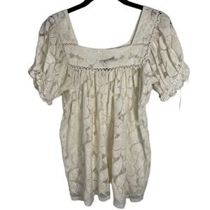 Womens Babydoll Lace Top Ivory Puff Sleeve Romantic Whimsical Floral Blouse Sz S